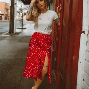 Red polka dot slit midi skirt